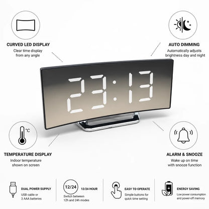 Digital Alarm Clock Curved LED Auto Dimming Temperature Display