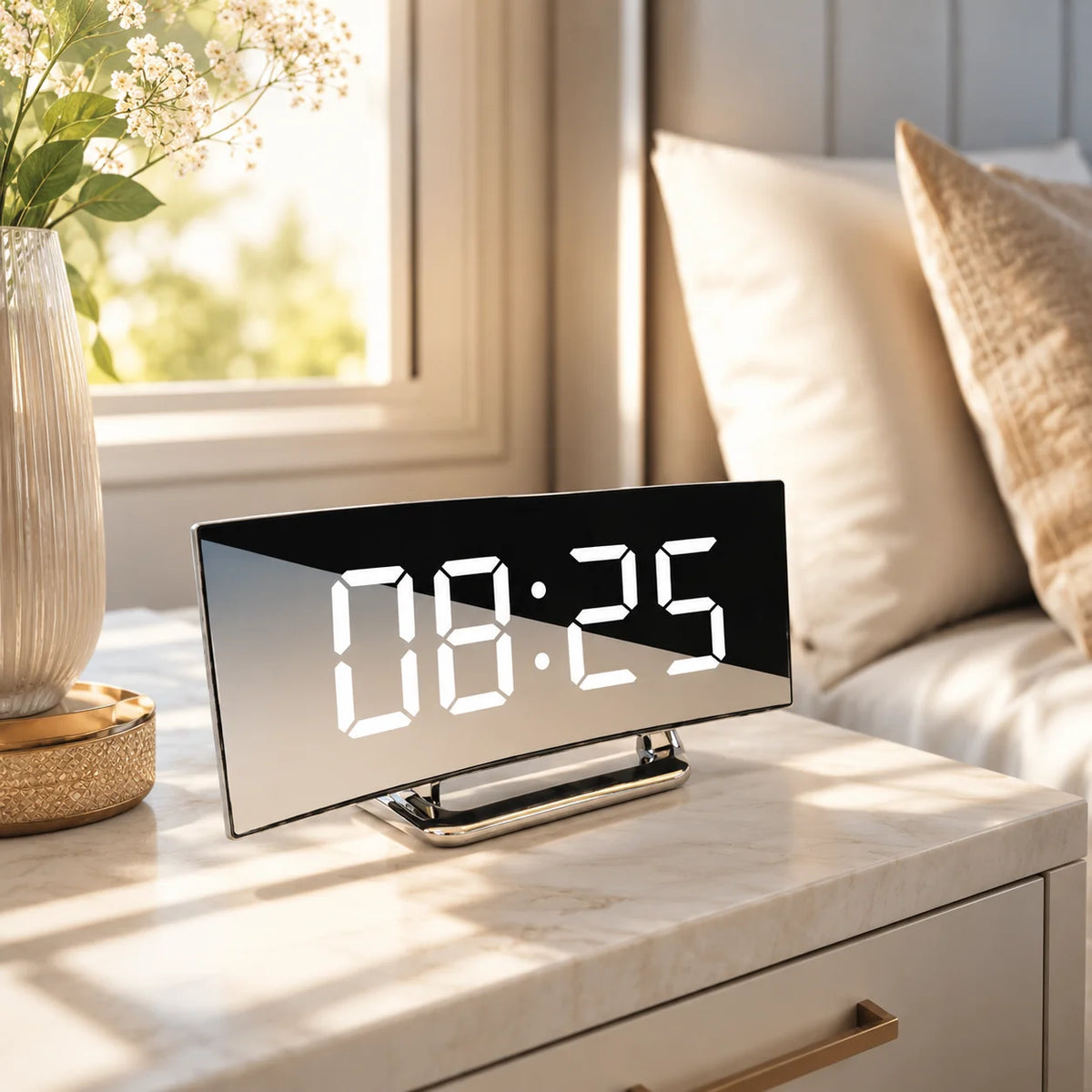 Digital Alarm Clock Curved LED Auto-Dimming USB & Battery