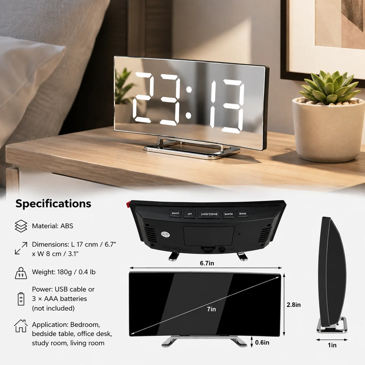 Digital Alarm Clock Curved LED Auto-Dimming USB & Battery