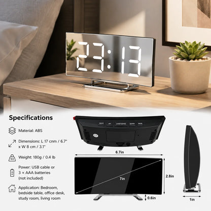 Digital Alarm Clock Curved LED Auto-Dimming USB & Battery