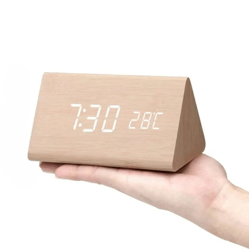 Digital Alarm Clock Wooden LED Display Sound-Activated Control