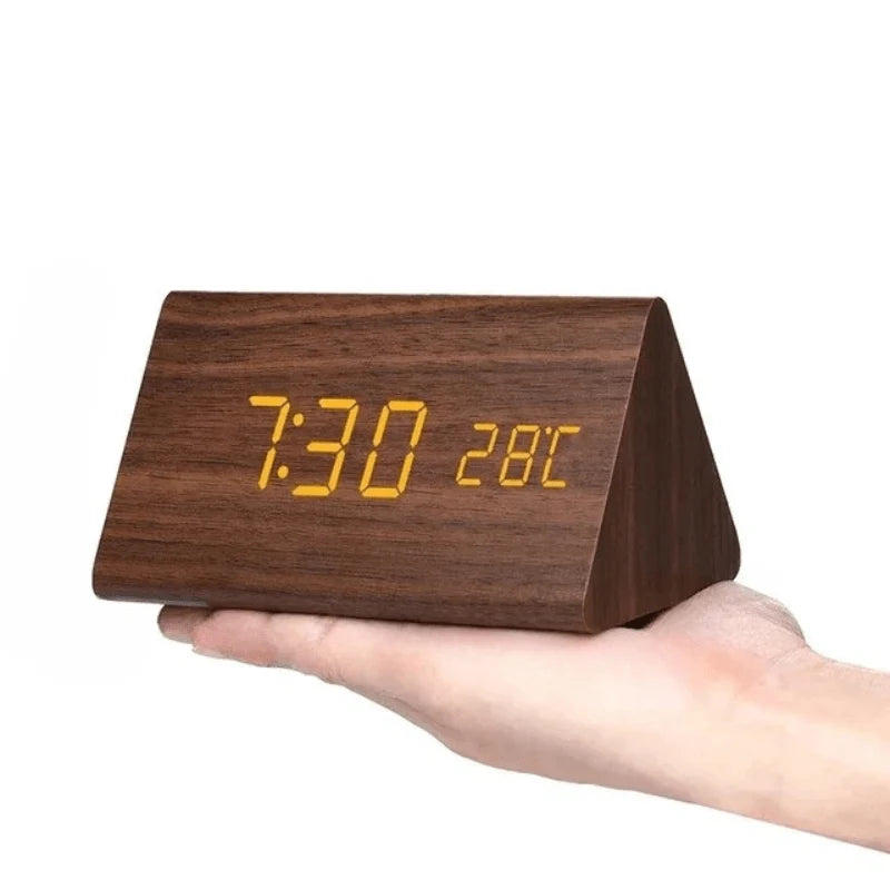 Digital Alarm Clock Wooden LED Display Sound-Activated Control