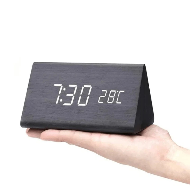 Digital Alarm Clock Wooden LED Display Sound-Activated Control