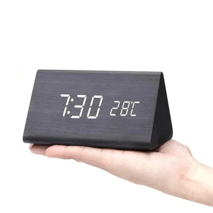 Digital Alarm Clock Wooden LED Display Sound-Activated Control