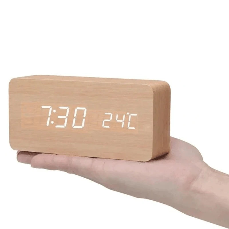Digital Alarm Clock Wooden LED Display Sound-Activated Control