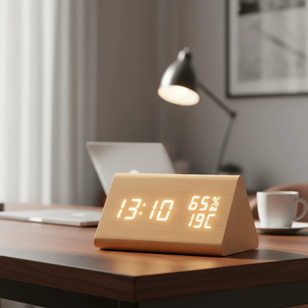 Digital Clock Wood-Look LED Time & Temperature Display Adjustable Brightness