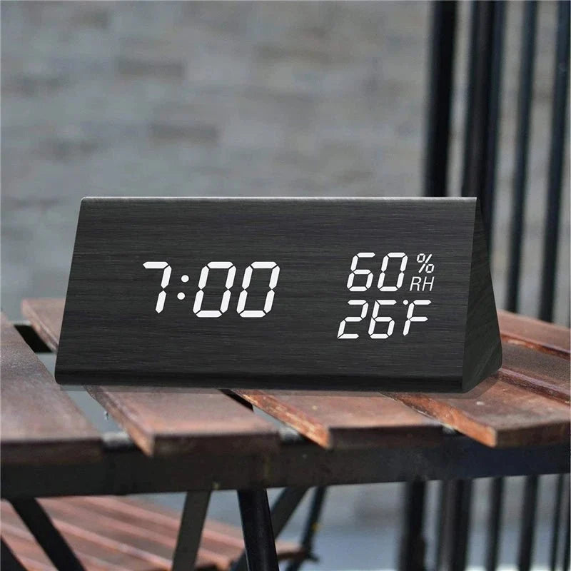 Digital Clock Wood-Look LED Time & Temperature Display Adjustable Brightness