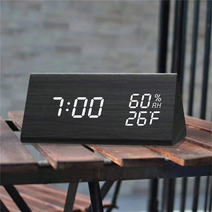 Digital Clock Wood-Look LED Time & Temperature Display Adjustable Brightness
