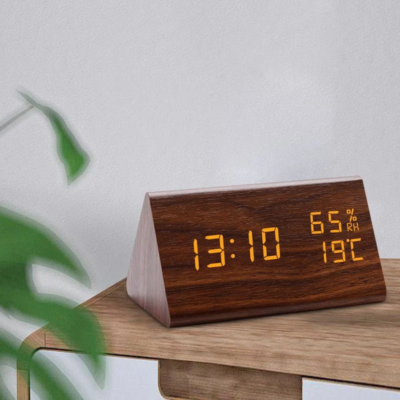 Digital Clock Wood-Look LED Time & Temperature Display Adjustable Brightness