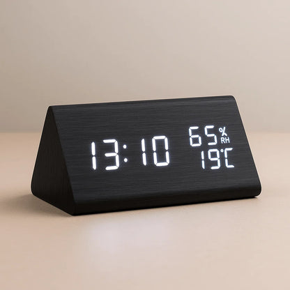Digital Clock Wood-Look LED Time & Temperature Display Adjustable Brightness
