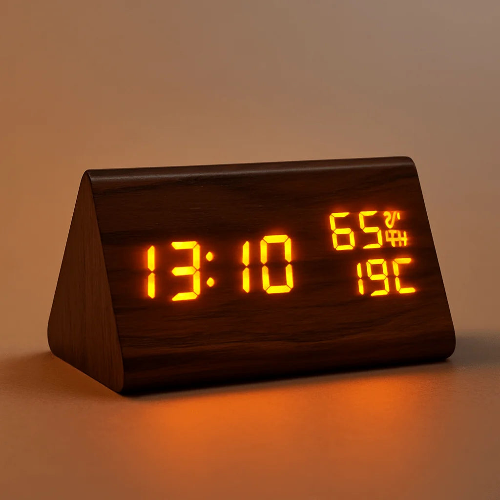 Digital Clock Wood-Look LED Time & Temperature Display Adjustable Brightness