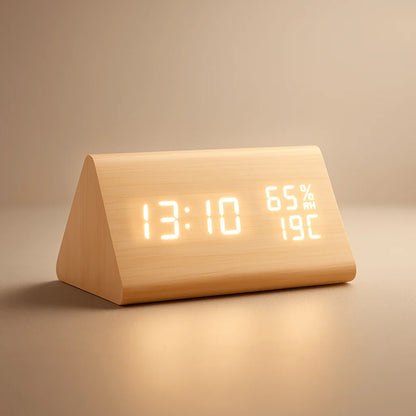 Digital Clock Wood-Look LED Time & Temperature Display Adjustable Brightness