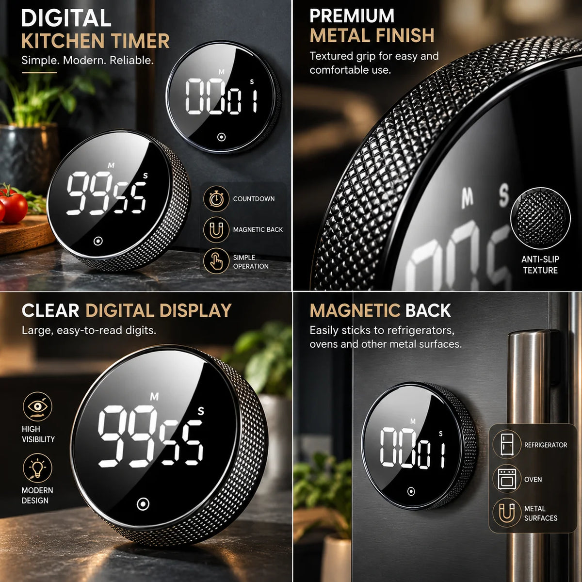 Digital Kitchen Timer Large Display Magnetic Back