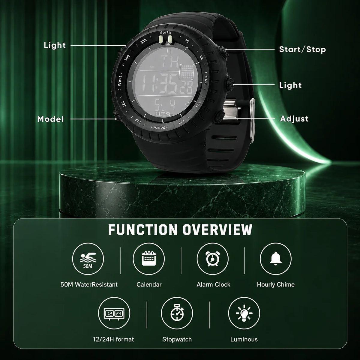 Digital Sports Watch Waterproof & Shock-Resistant LED Backlight