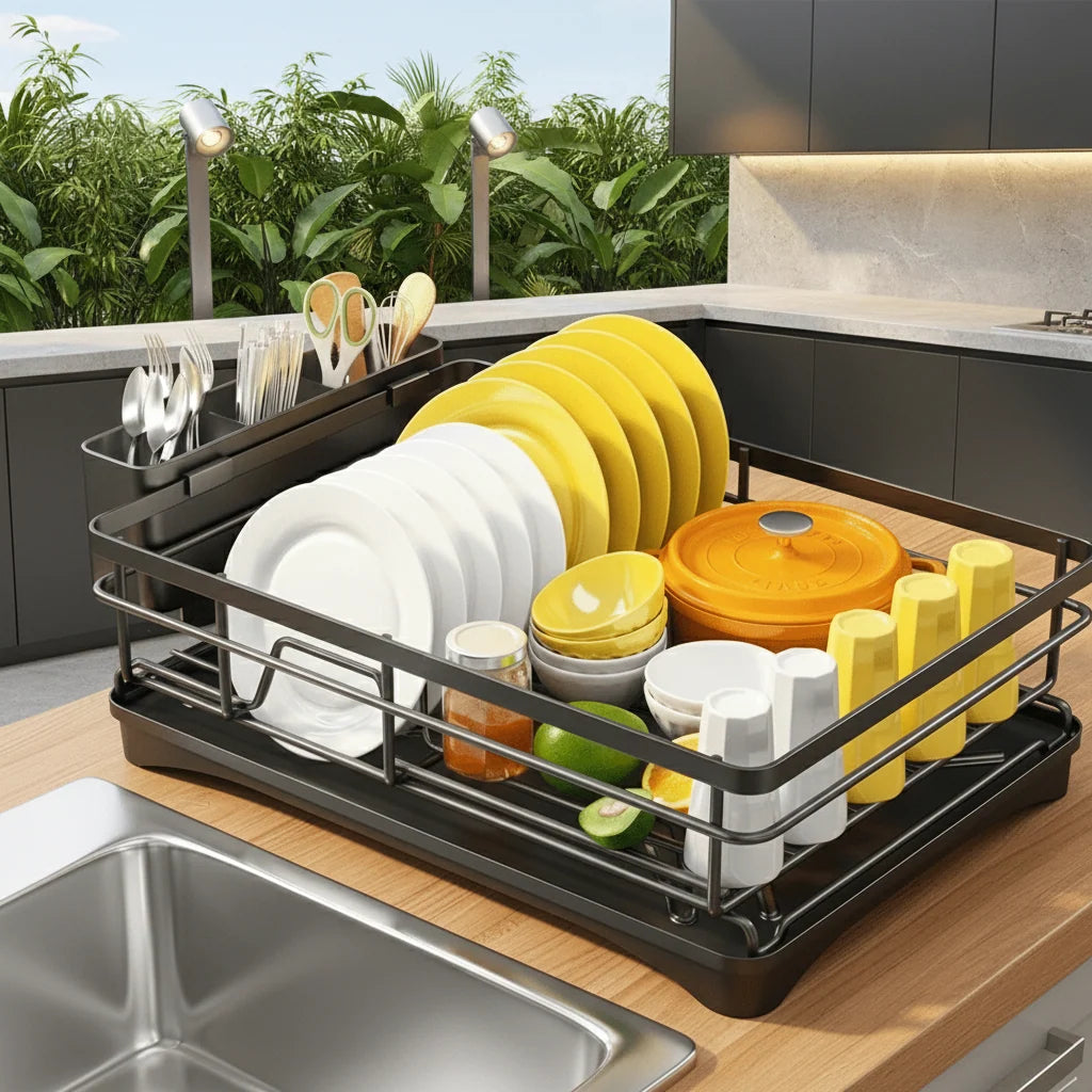 Dish Drying Rack Large Capacity Integrated Drip Tray Space-Saving