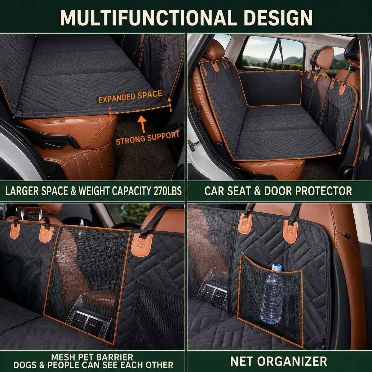 Dog Back Seat Cover Hard-Bottom Panel Mesh Window
