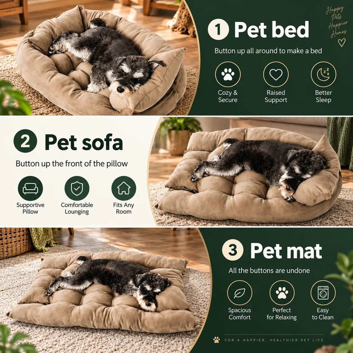 Dog Bed Convertible 3-in-1 Plush Cushioning Non-Slip Base