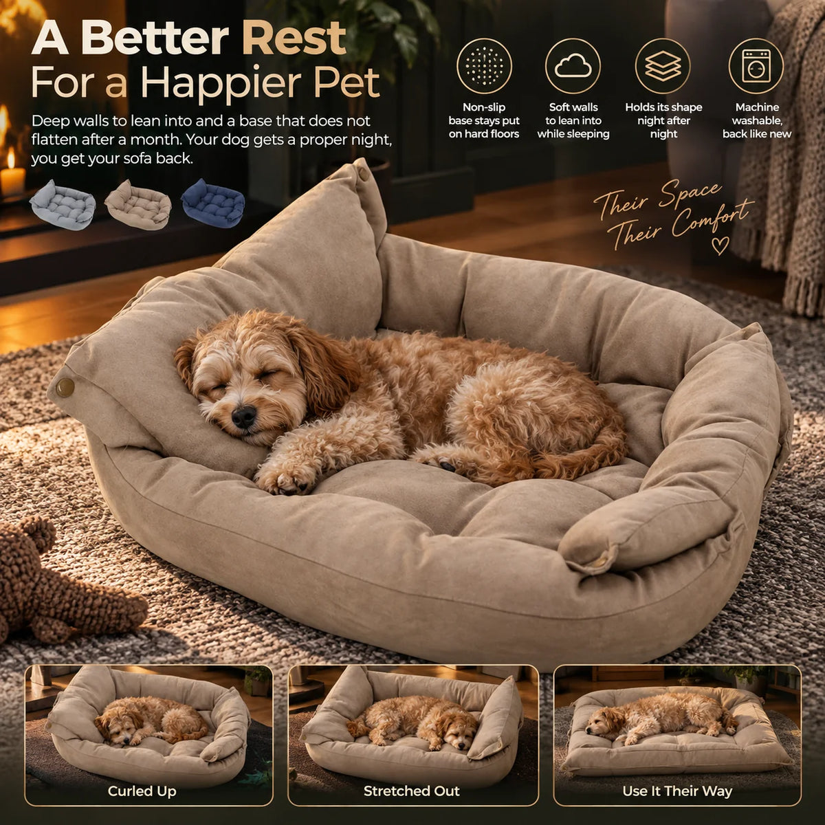 Dog Bed Convertible 3-in-1 Plush Cushioning Non-Slip Base