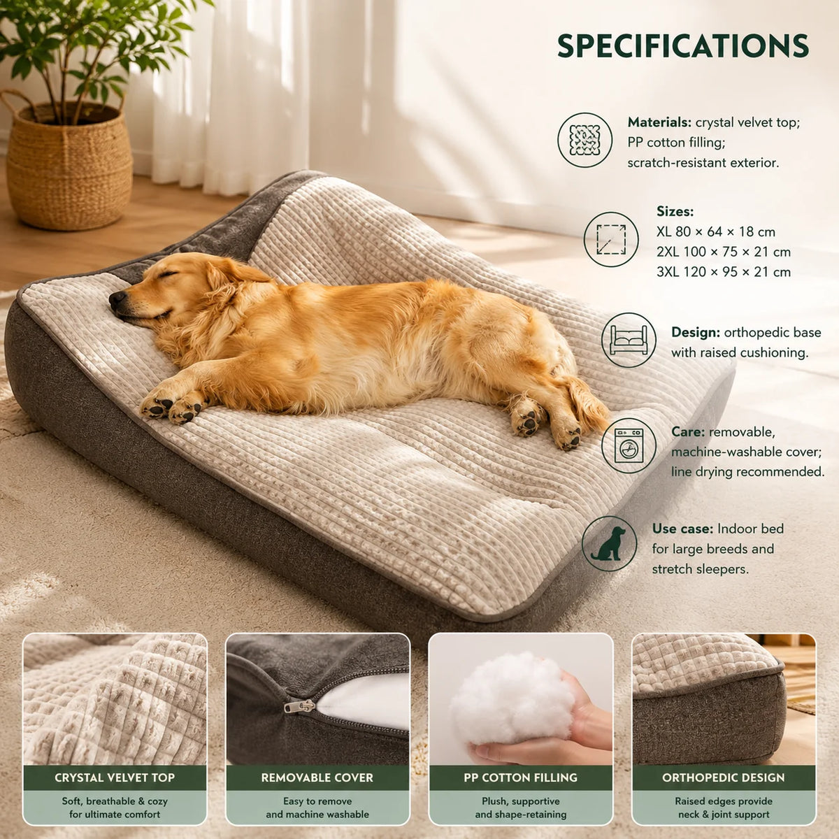 Dog Bed Orthopedic Bolster Scratch-Resistant Washable Cover