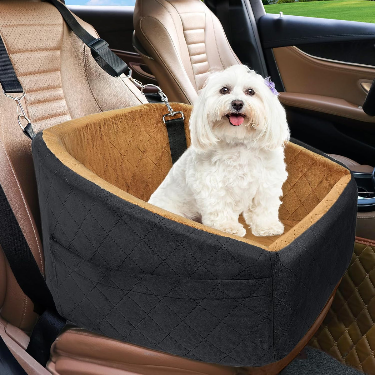 Dog Car Seat Booster with Safety Belt & Washable Cover