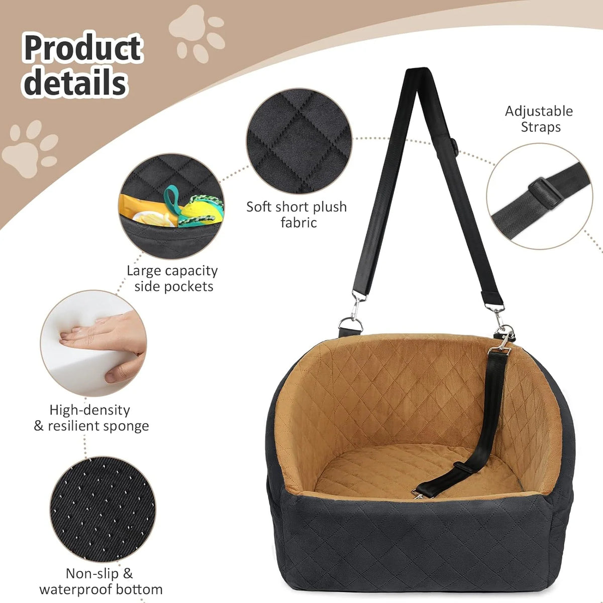 Dog Car Seat Booster with Safety Belt & Washable Cover