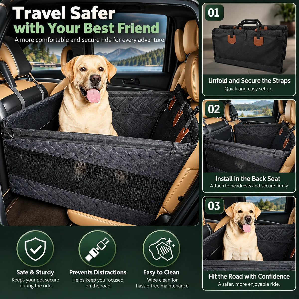Dog Car Seat Hard Base Water-Repellent & Padded Walls