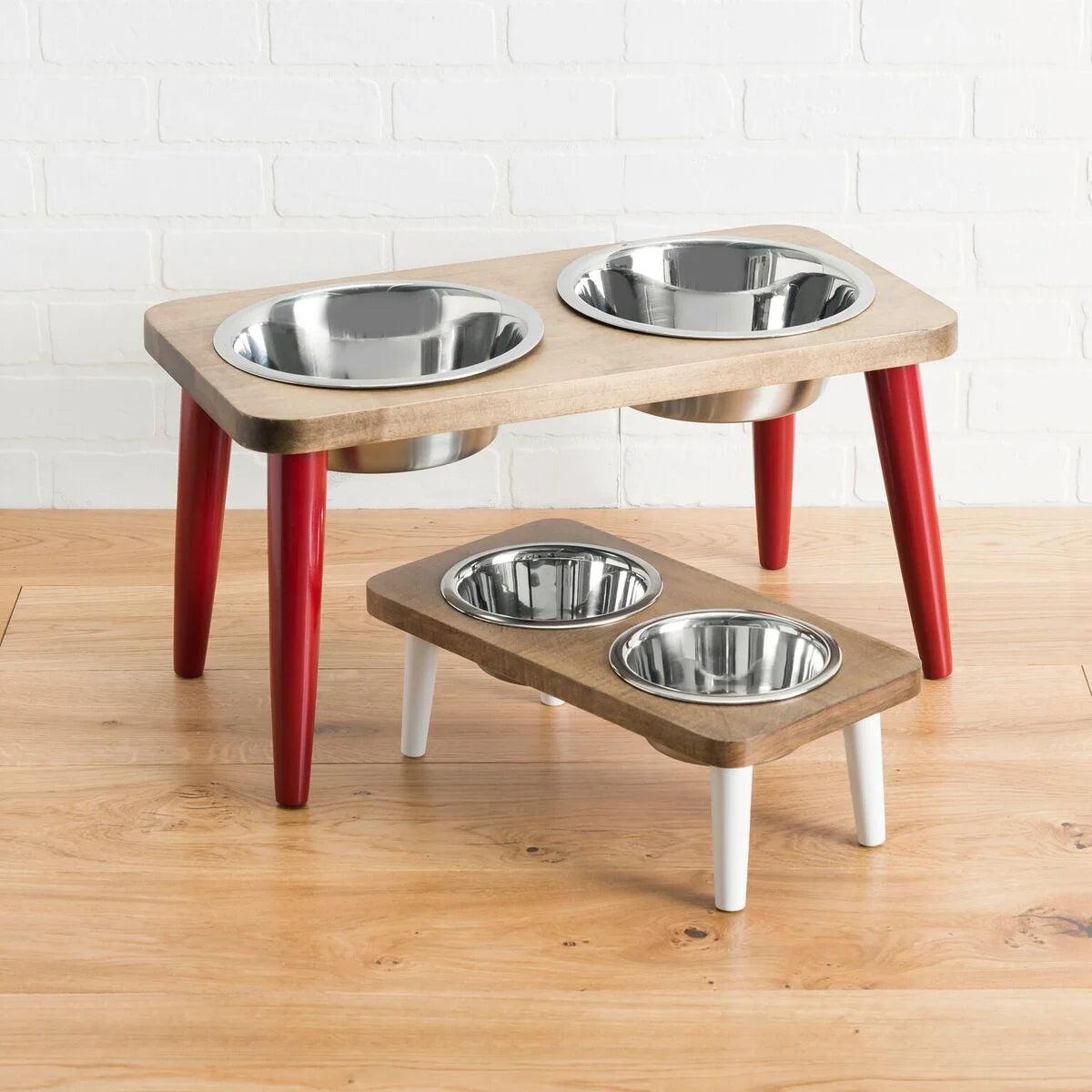 Dog Feeder Elevated Hardwood Stand Double Stainless Steel Bowls
