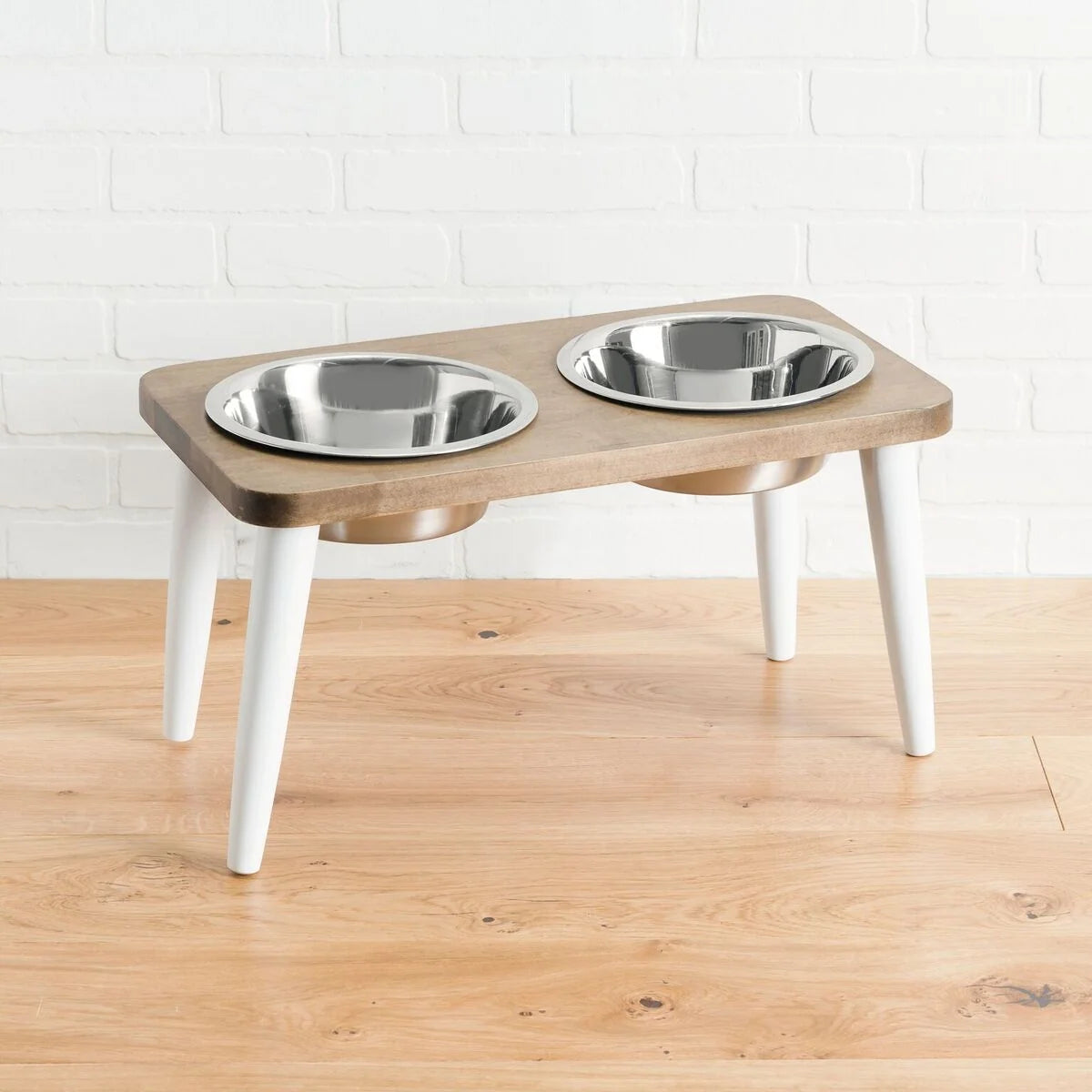 Dog Feeder Elevated Hardwood Stand Double Stainless Steel Bowls