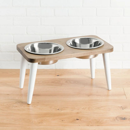 Dog Feeder Elevated Hardwood Stand Double Stainless Steel Bowls