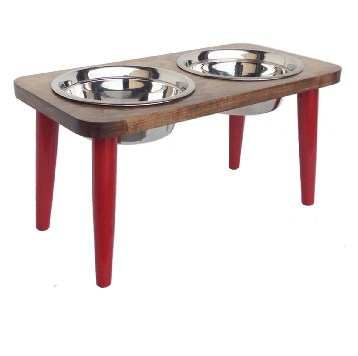 Dog Feeder Elevated Hardwood Stand Double Stainless Steel Bowls