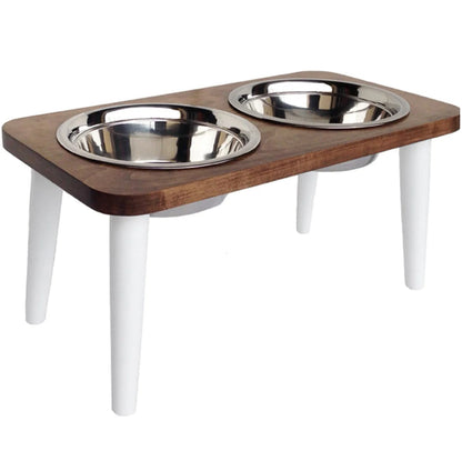 Dog Feeder Elevated Hardwood Stand Double Stainless Steel Bowls