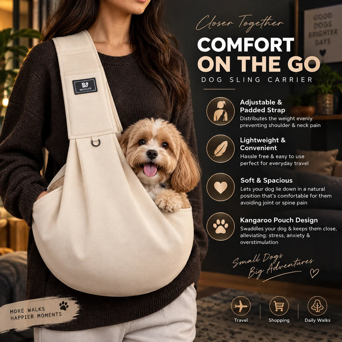 Dog Sling Carrier Padded Crossbody Safety Buckle