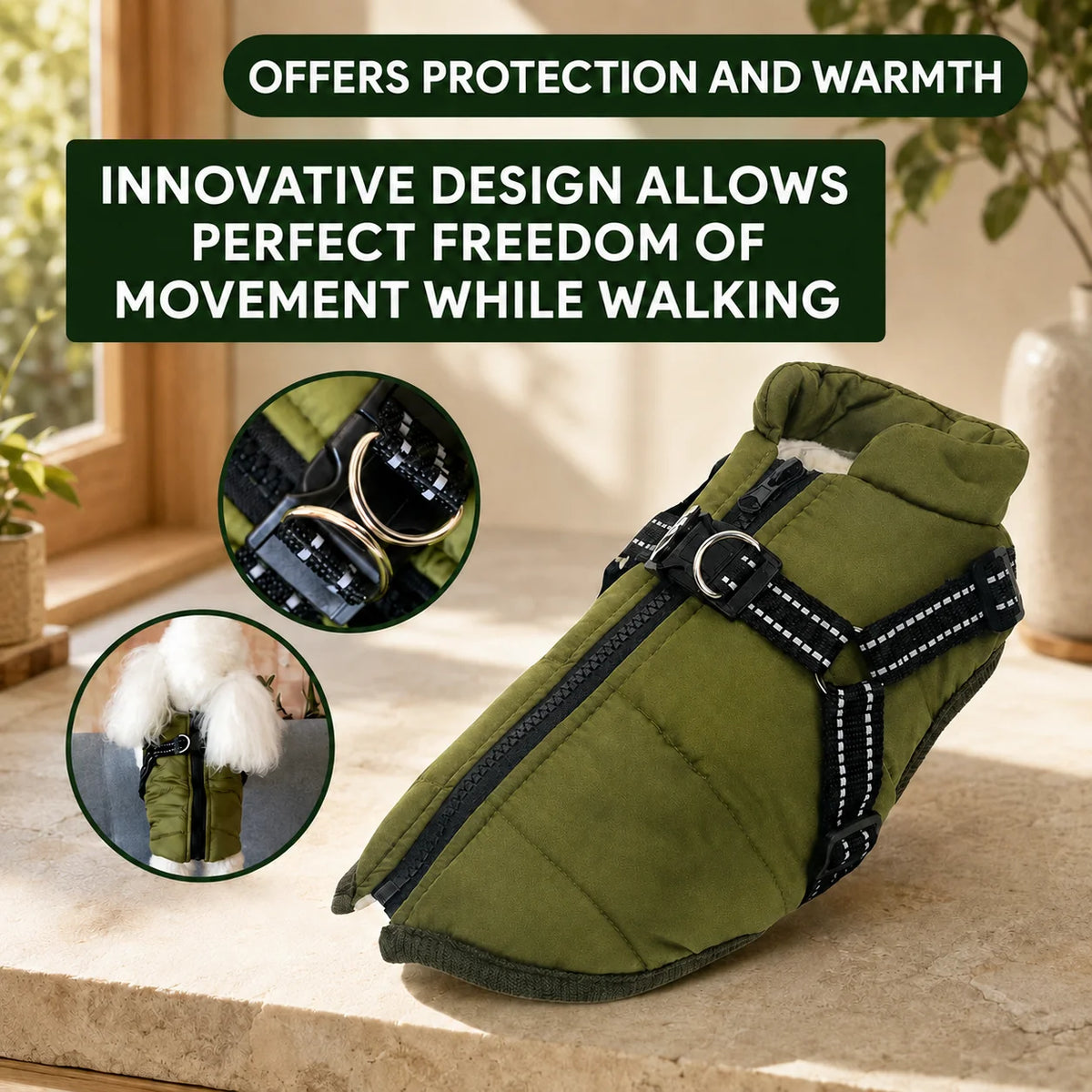 Dog Winter Coat Fleece-Lined Wind-Blocking Polyester Adjustable Straps