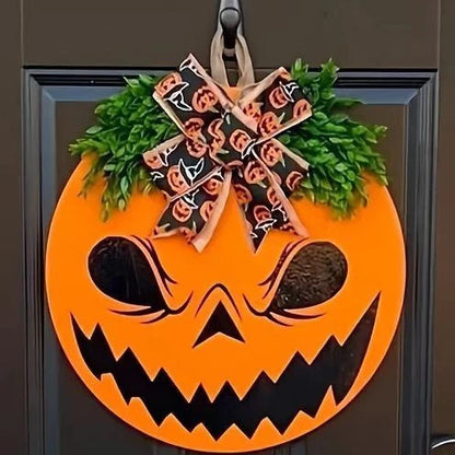 Door Hanger Wooden Pumpkin Face Ribbon Hanger