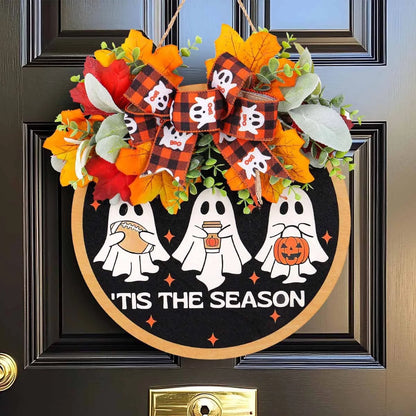Door Wreath Ghost Motif & Autumn Foliage Weather-Resistant