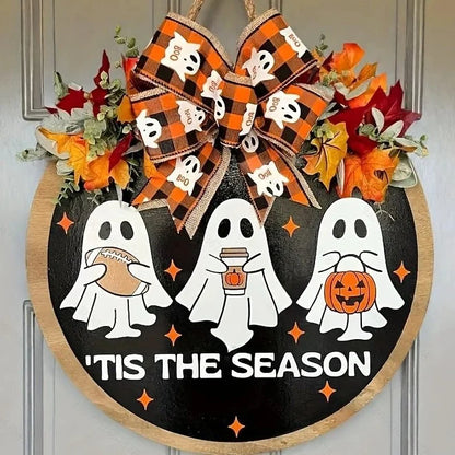 Door Wreath Ghost Motif & Autumn Foliage Weather-Resistant