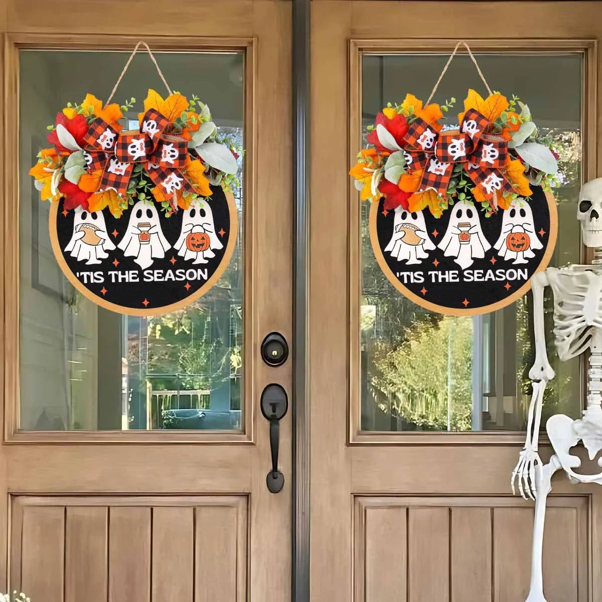 Door Wreath Ghost Motif & Autumn Foliage Weather-Resistant