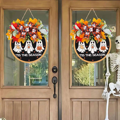 Door Wreath Ghost Motif & Autumn Foliage Weather-Resistant