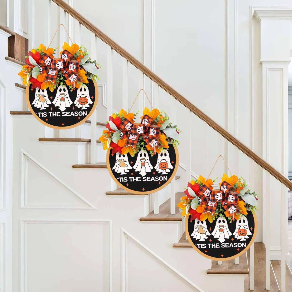 Door Wreath Ghost Motif & Autumn Foliage Weather-Resistant