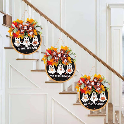 Door Wreath Ghost Motif & Autumn Foliage Weather-Resistant