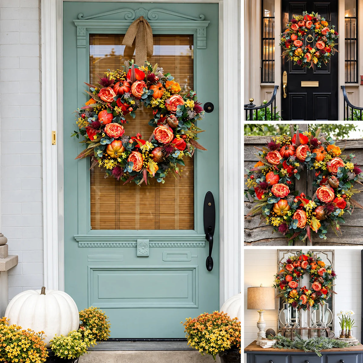 Door Wreath Sculpted Pumpkins & Woven Rattan Fully Assembled