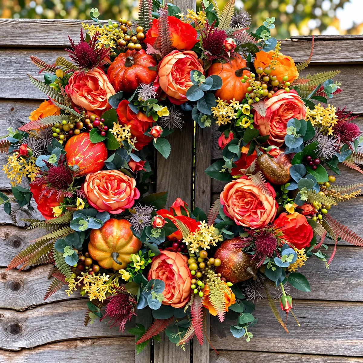 Door Wreath Sculpted Pumpkins & Woven Rattan Fully Assembled