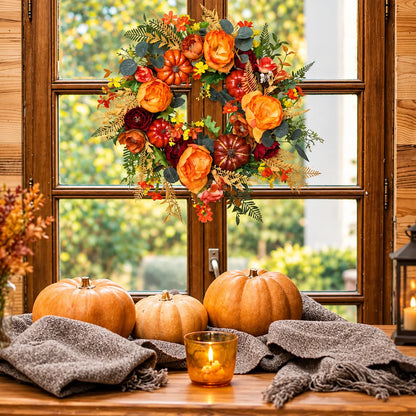 Door Wreath Sculpted Pumpkins & Woven Rattan Fully Assembled