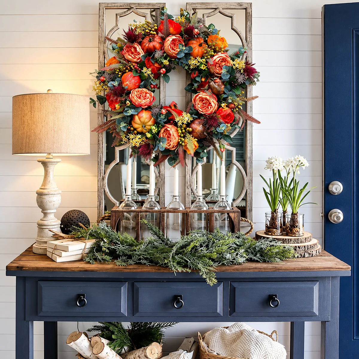 Door Wreath Sculpted Pumpkins & Woven Rattan Fully Assembled