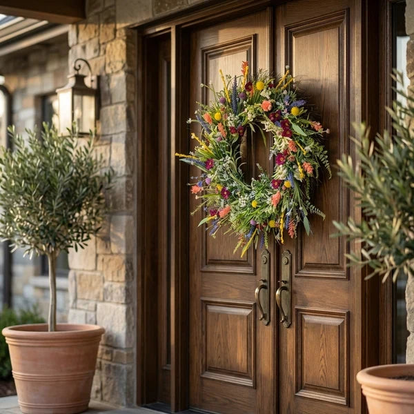 Door Wreath Texas Wildflower Faux Blooms Adjustable Wired Stems