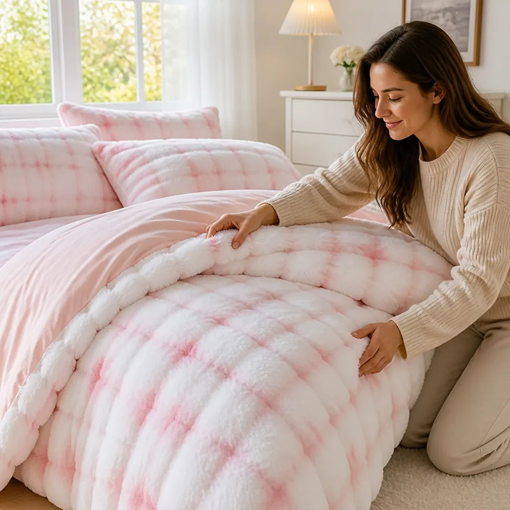 Duvet Cover Reversible Quilted Rabbit Fur & Milk Velour