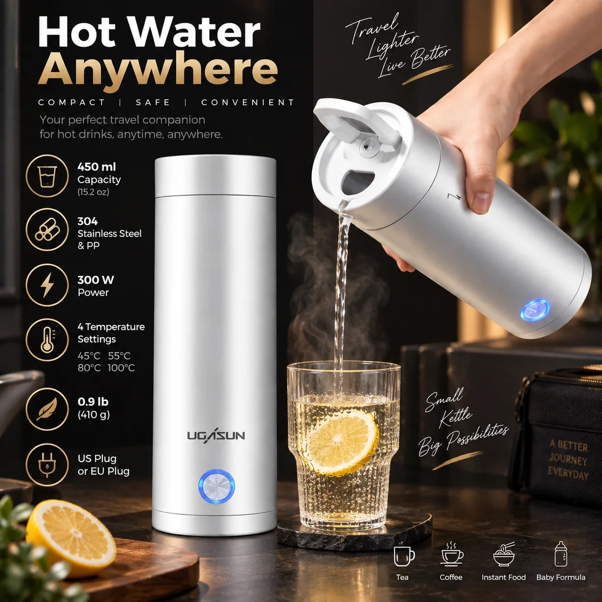 Electric Kettle Portable 15oz Stainless Steel Interior & Temperature Presets