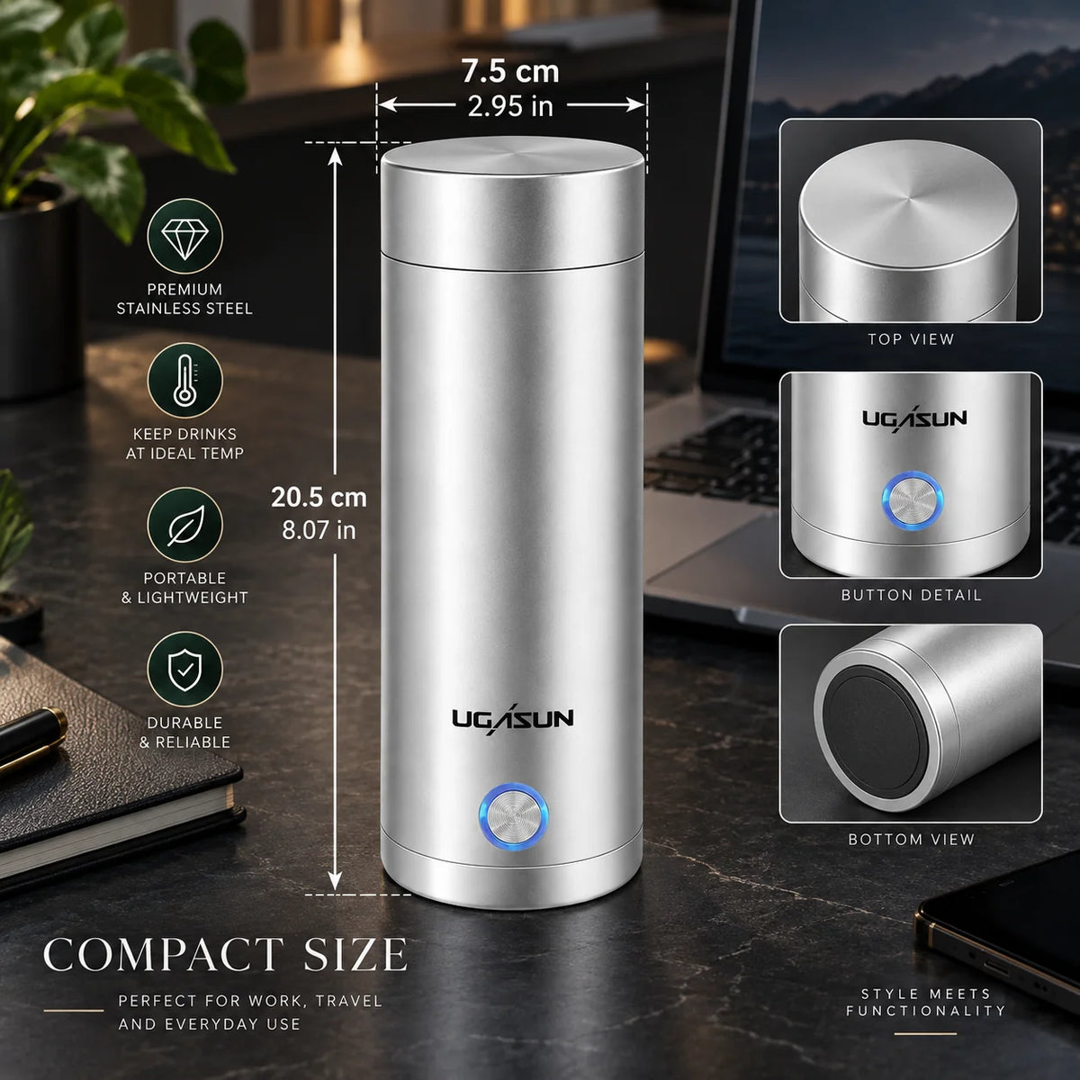 Electric Kettle Portable 15oz Stainless Steel Interior & Temperature Presets