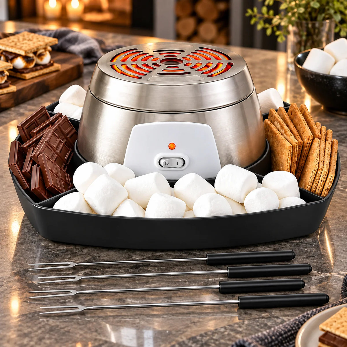 Electric S'mores Maker Flameless Compartmented Tray & 4 Skewers