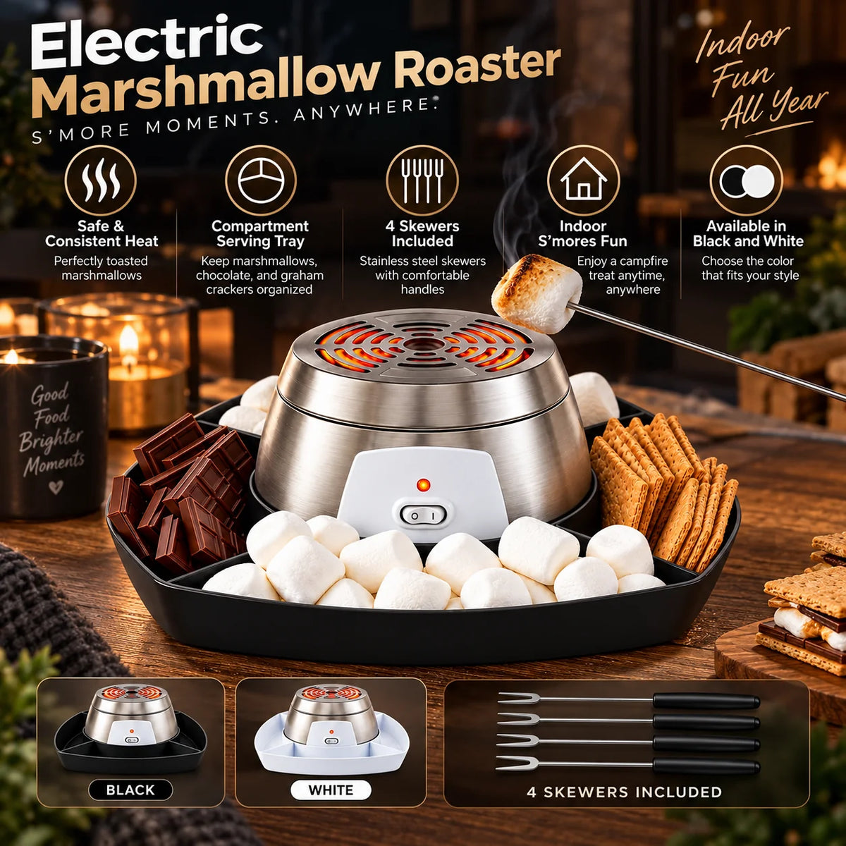 Electric S'mores Maker Flameless Compartmented Tray & 4 Skewers